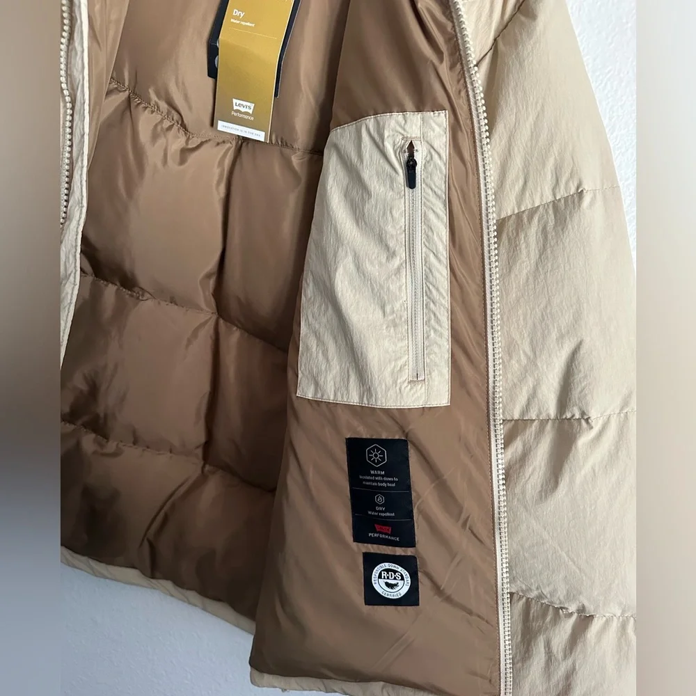 Levi’s Puffer Down Insulated Water Repellent Jacket Removable Hood Size Large